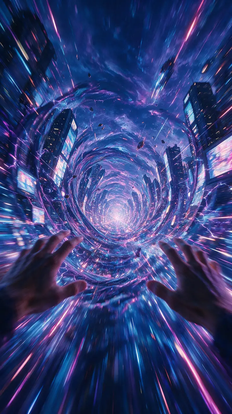 Man rushing through surreal neon city at impossible speed