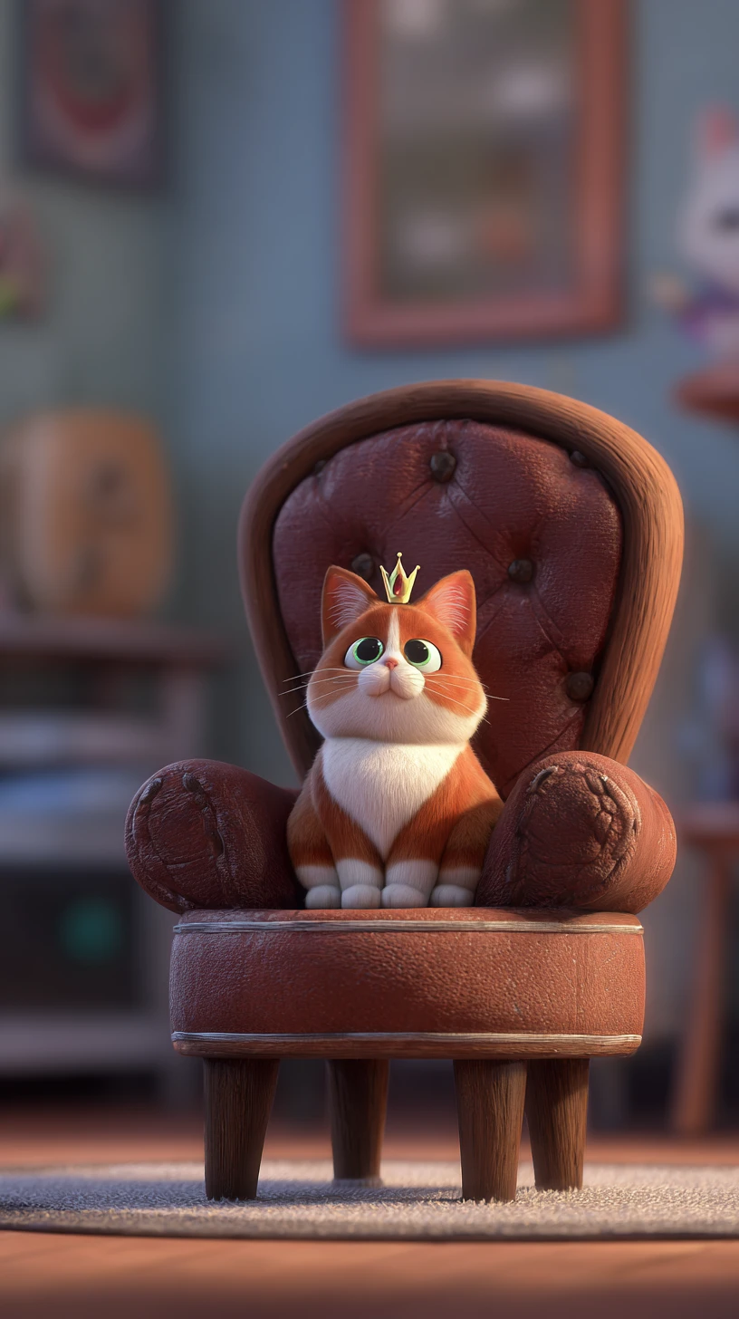 Adorable chat assis comme un petit patron sur une chaise jouet