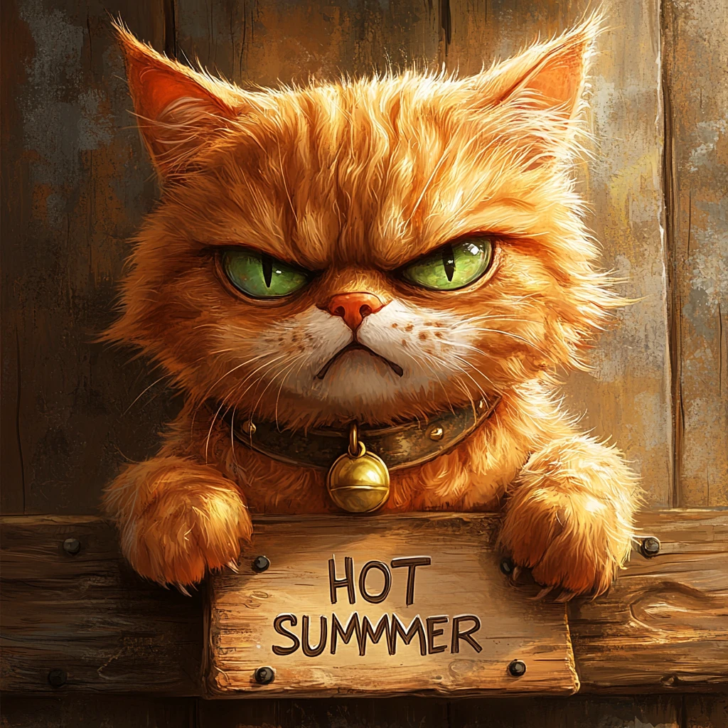 Gato laranja rabugento com placa de madeira de verão quente