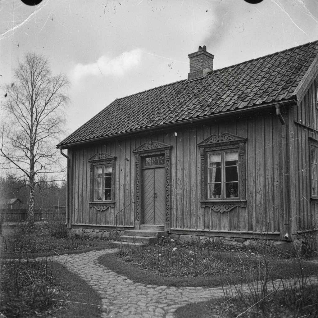 Vintage-schwedisches Holzhaus mit verwitterter rustikaler Fassade
