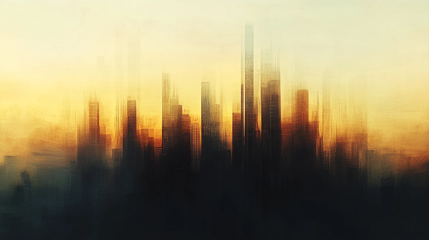 Stadtskyline, die sich in abstrakte Geometrie und Licht auflöst