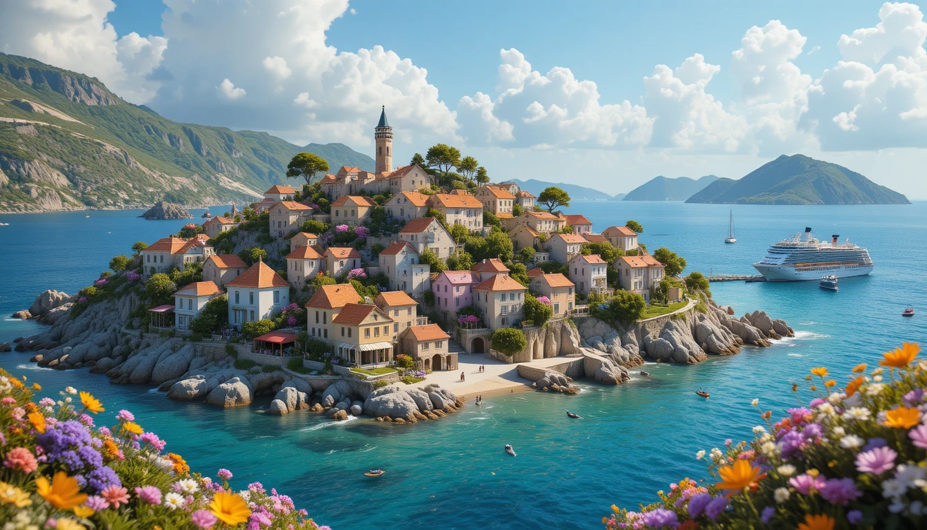 Verspieltes Sommerdorf am Meer im Knetanimations-Stil