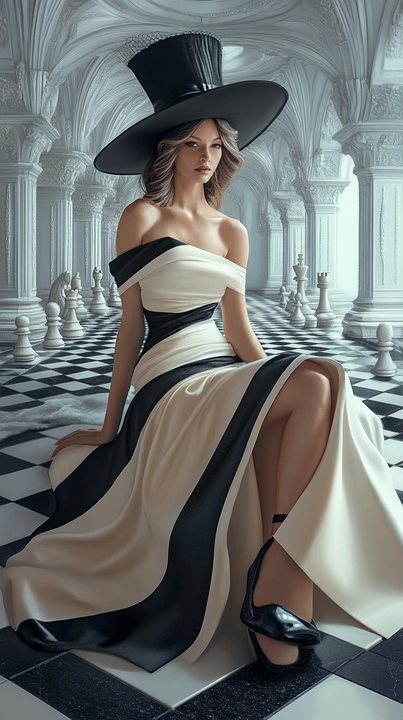 Mulher elegante em tabuleiro de xadrez gigante surreal entre arcos