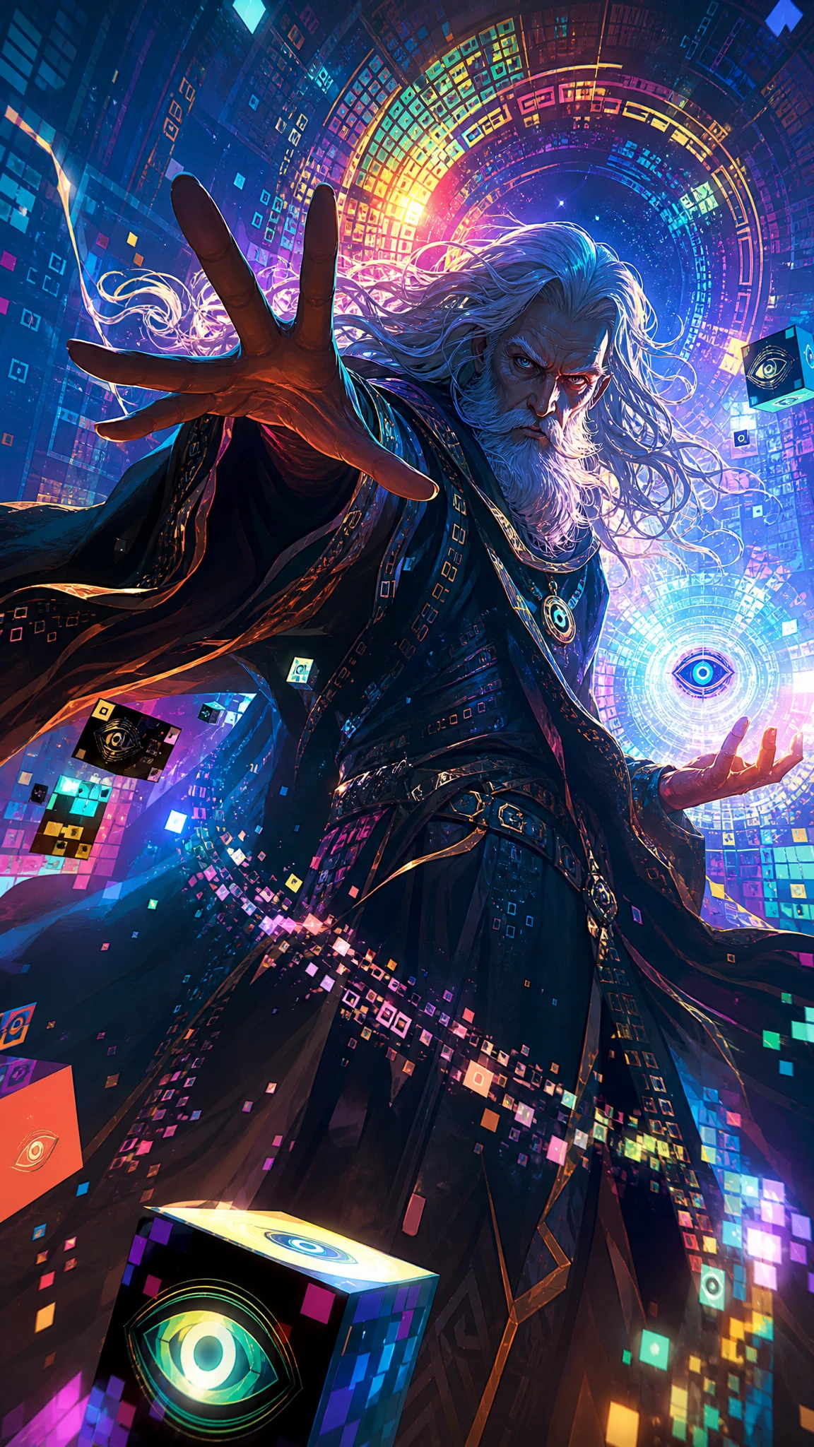 Weißhaariger männlicher Zauberer in dynamischer Neon‑Fantasy‑Szene