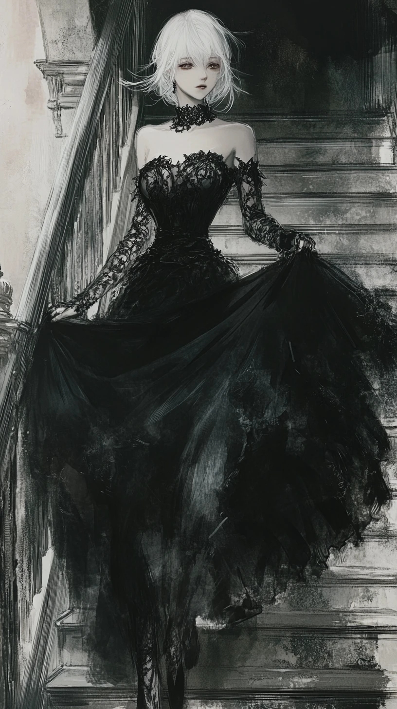Garota de anime de vestido preto descendo uma escadaria vintage