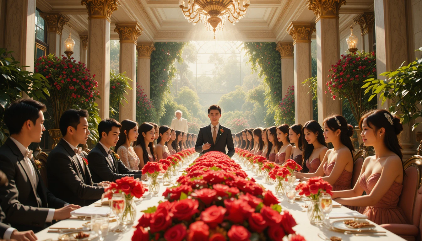 Noiva e noivo em um banquete de casamento moderno e cinematográfico