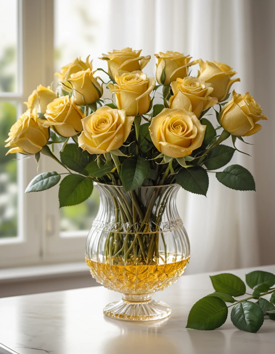 Goldgelbe Rosen in Kristallvase mit Satinbanner