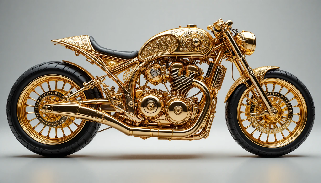 Motocicleta café racer dorada personalizada con joyas brillantes