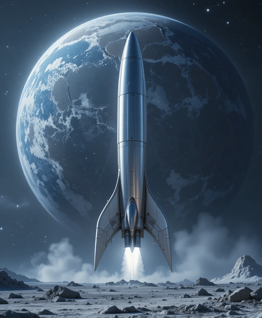 Elegante silberne Rakete auf dem Mond mit der Erde im Hintergrund