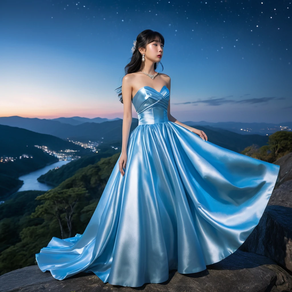 Garota elegante em vestido de cetim azul em uma montanha à noite