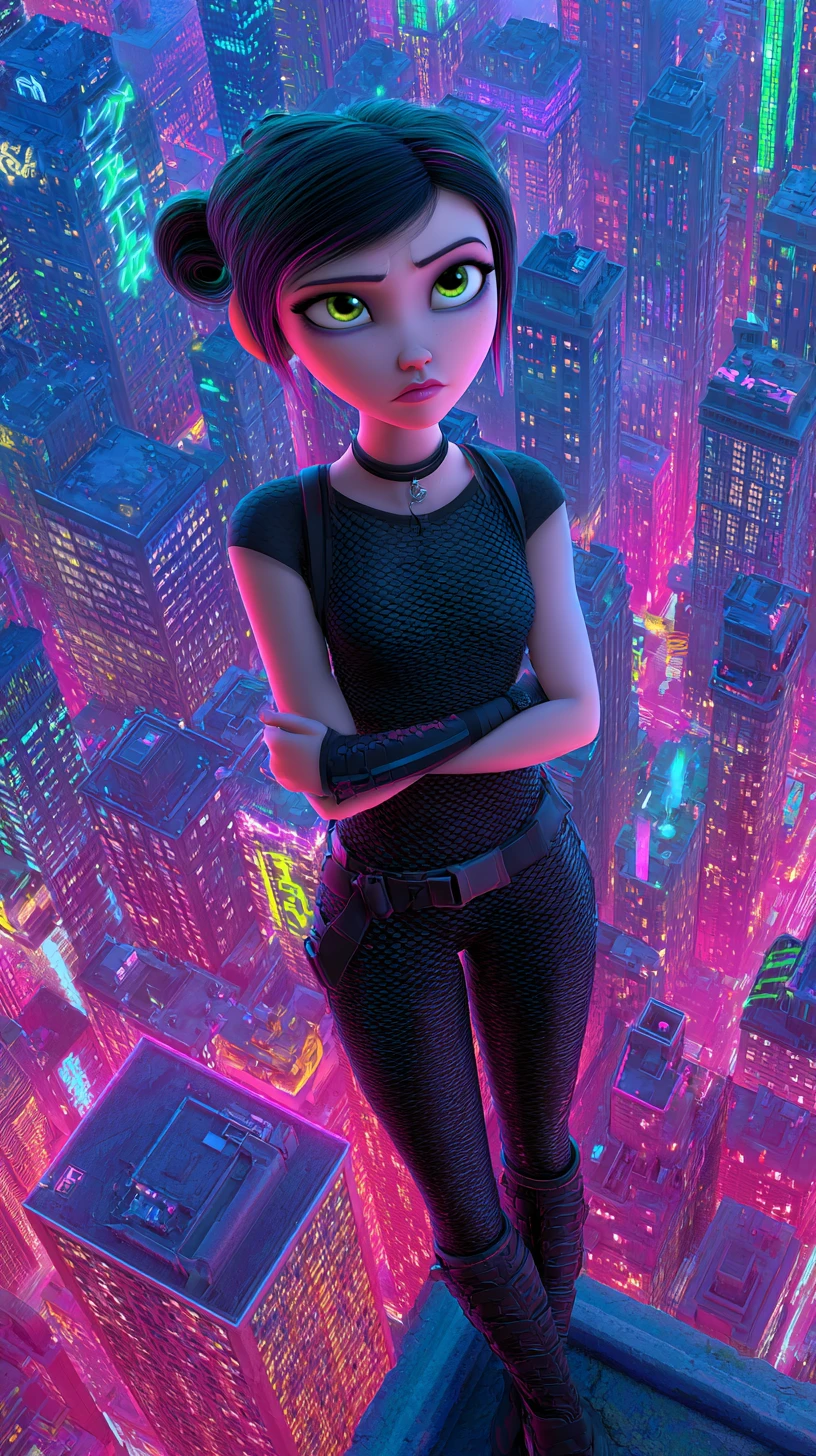 Donna cyberpunk che osserva un paesaggio urbano futuristico al neon
