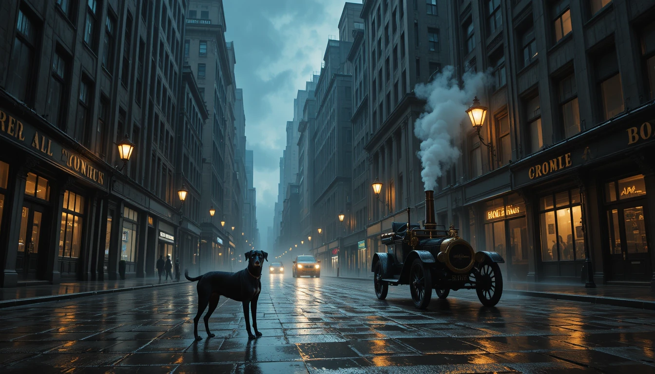 Cão solitário em rua molhada pela chuva sob altos prédios da cidade