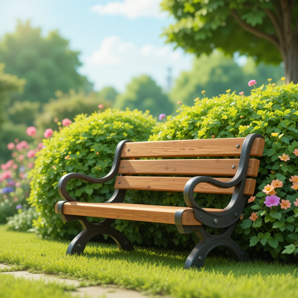 Banco de parque em desenho animado com flores em uma cena clara de dia