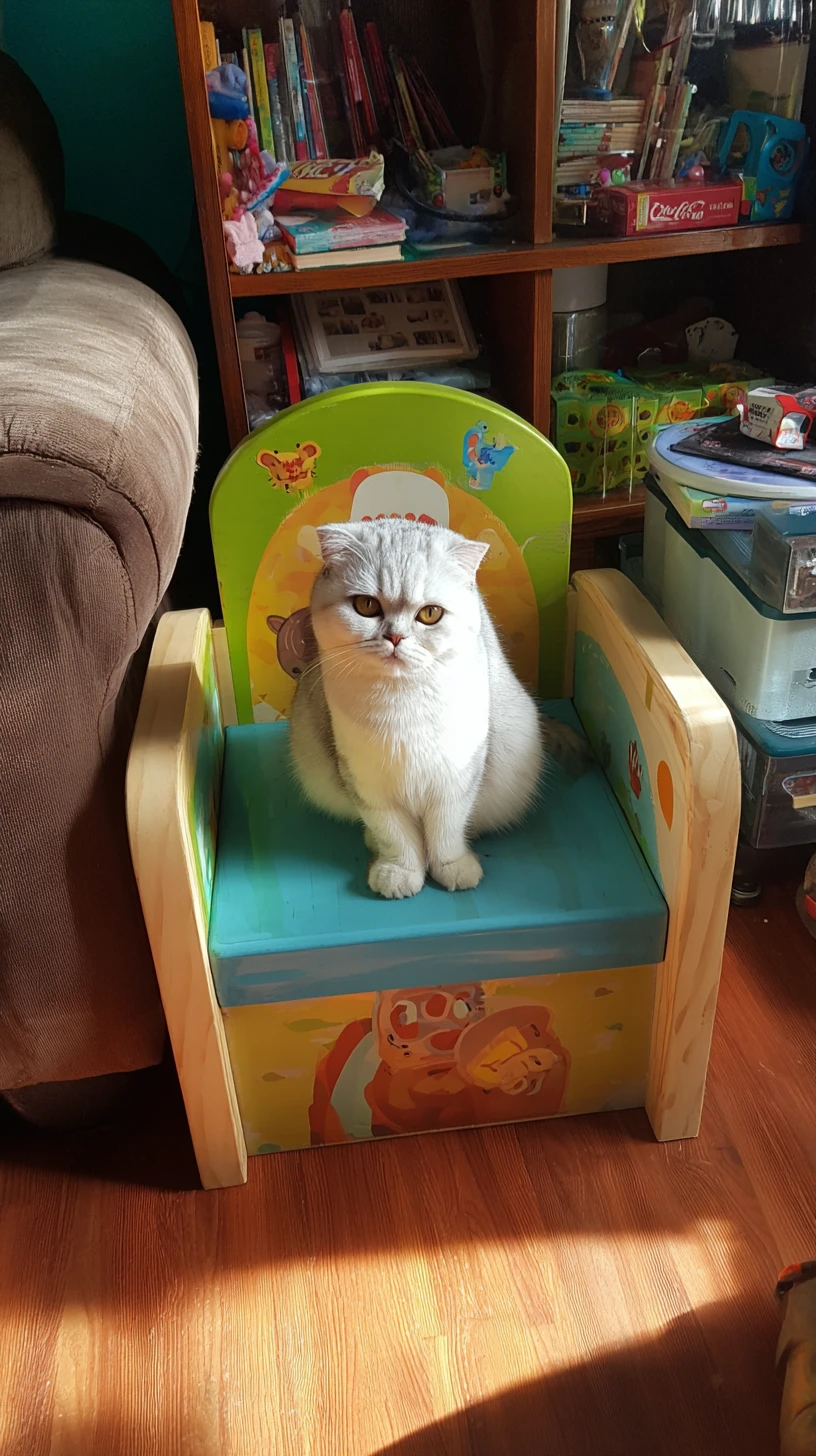 Adorable chat assis comme un petit chef sur une chaise jouet