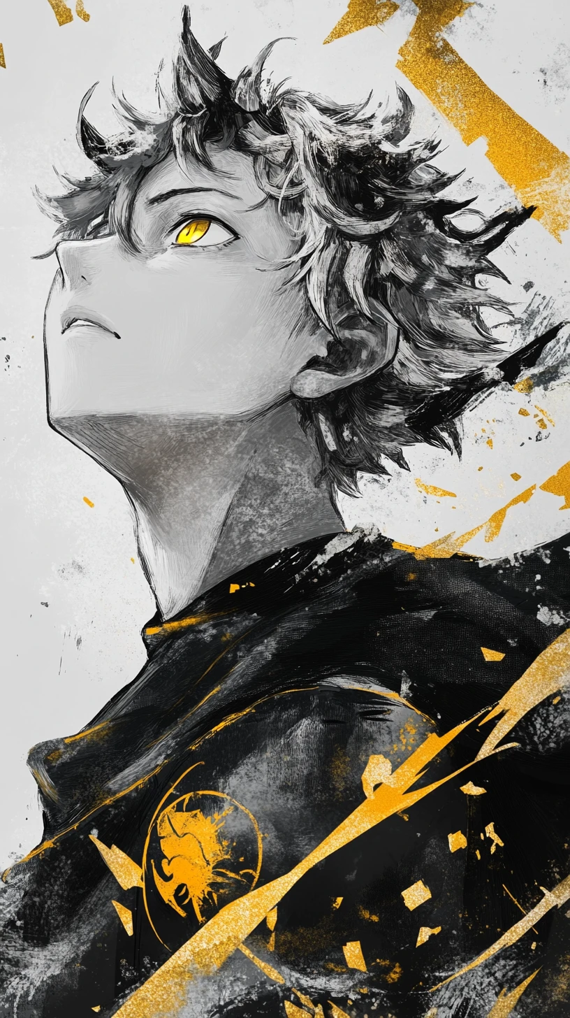 Retrato de herói de anime estoico com fragmentos dourados brilhantes
