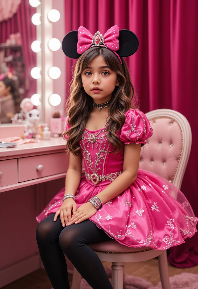 Menino com vestido de princesa rosa em frente à penteadeira