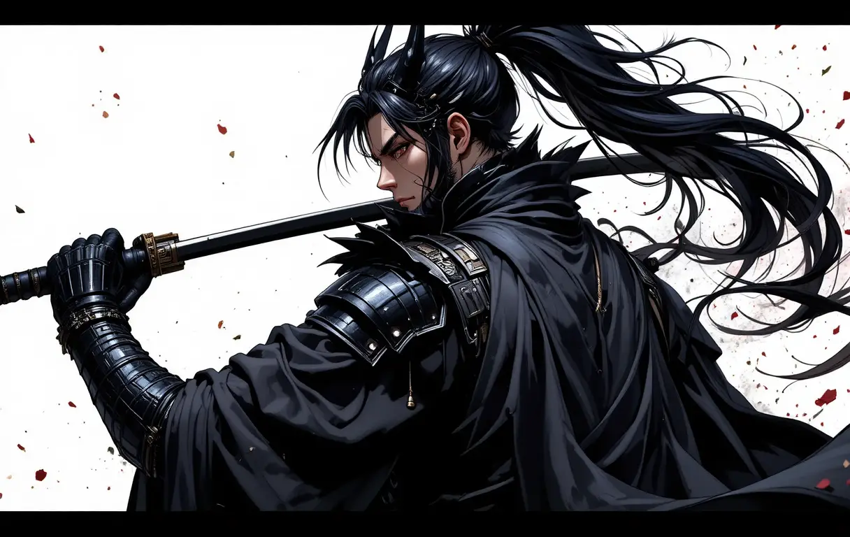 黒い鎧を纏った悪魔的なアニメ剣士の斬撃