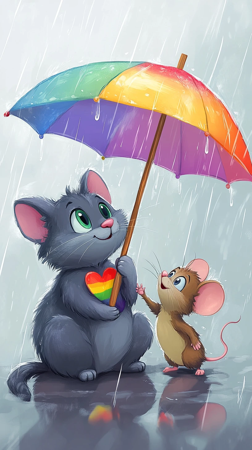 Adorable chat et souris partageant un parapluie arc‑en‑ciel sous la pluie