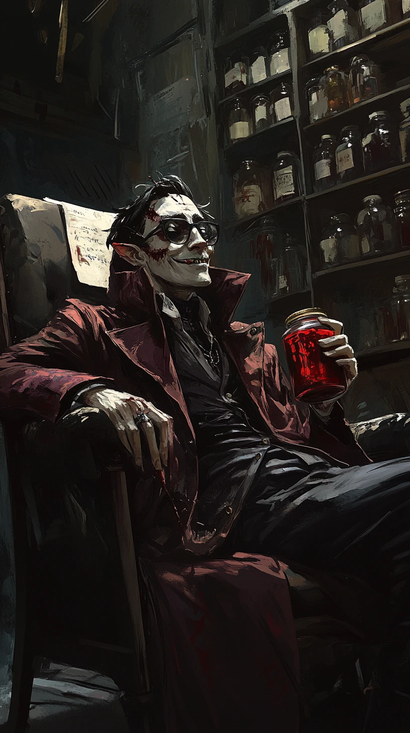 Médico vampiro segurando um frasco de sangue em hospital sombrio