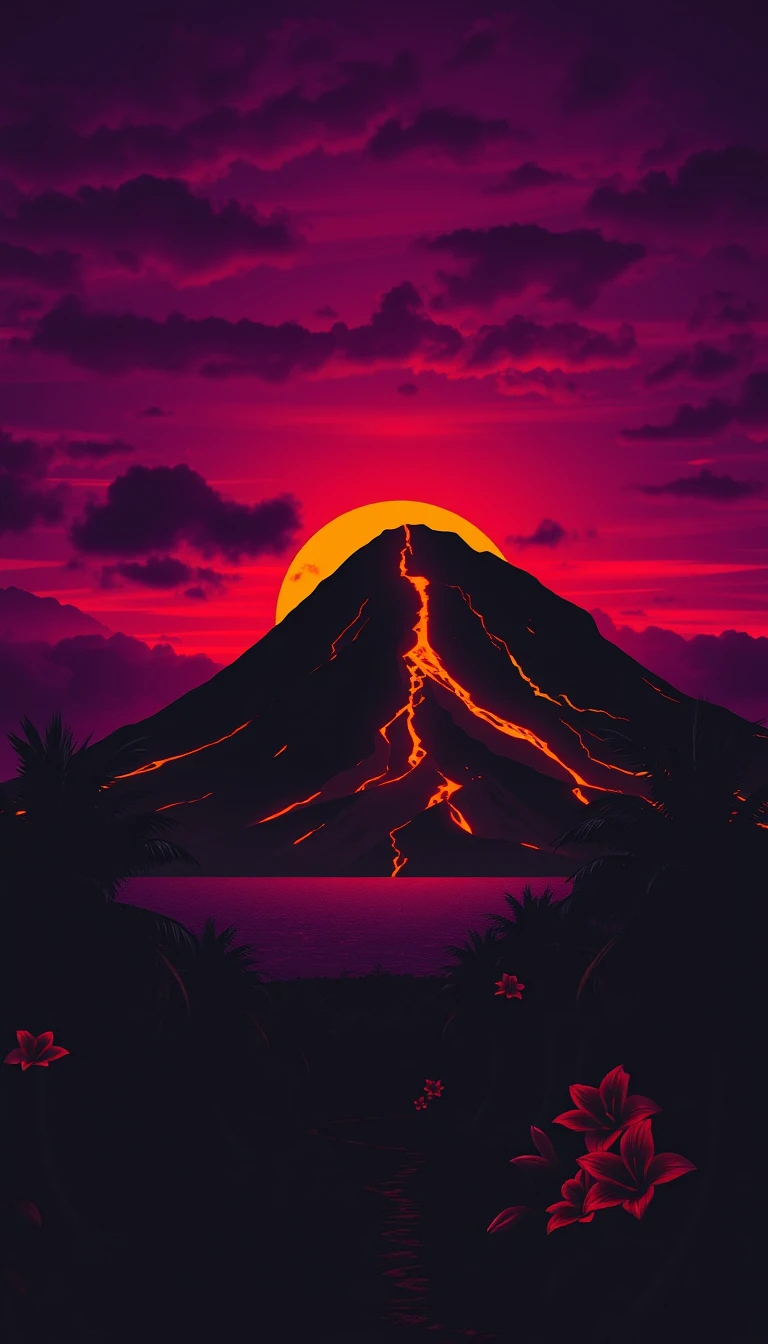 Ilha Vulcânica Brilhante sob Céu Neon Roxo e Laranja