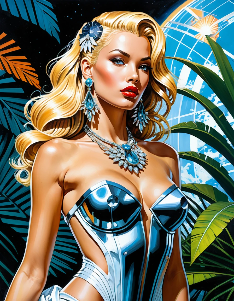 Mulher loira solar punk em vestido futurista e elegante