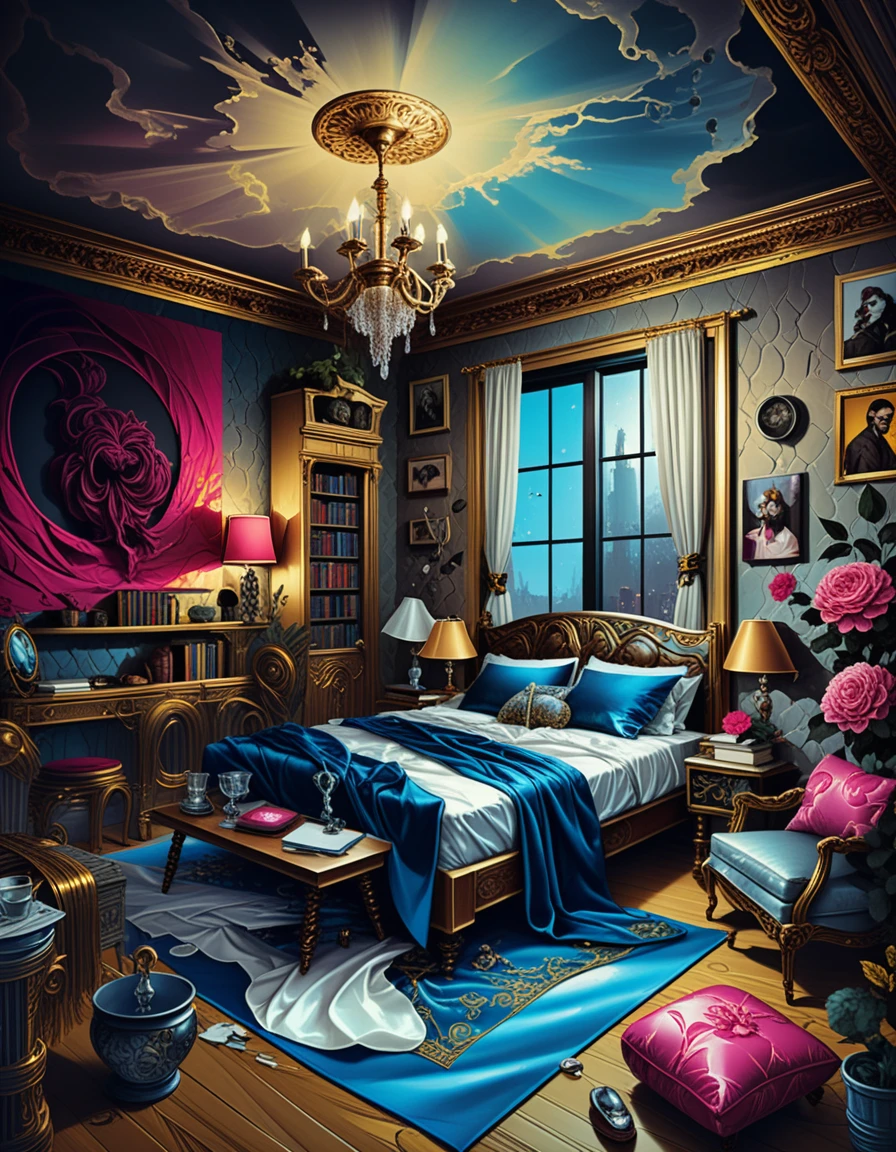Quarto 3D com interior eclético e clima sombrio em estilo decadente