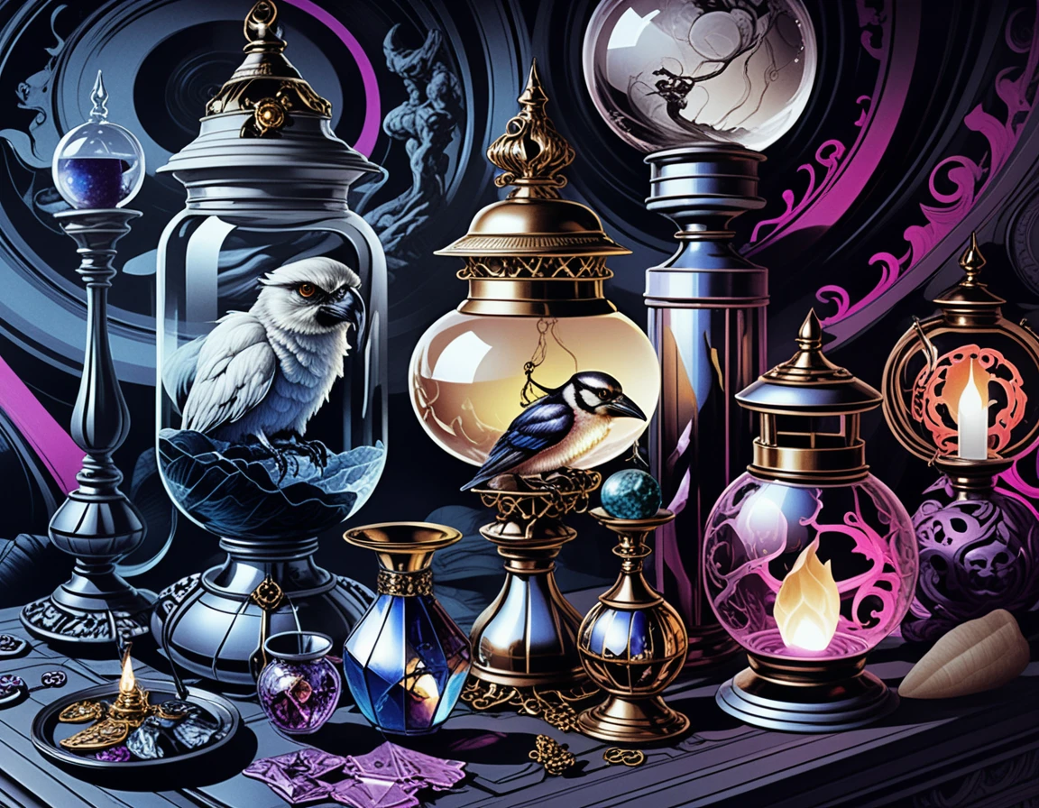 Esposizione fantasy da tavolo con cristalli e curiosità magiche