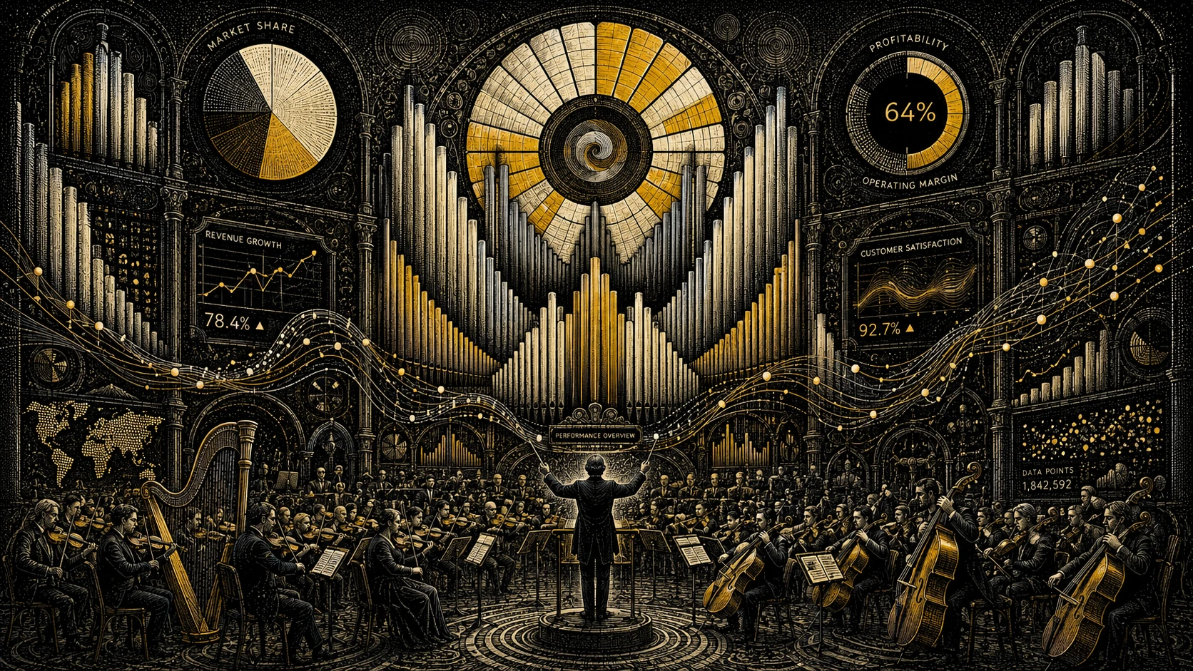 Cruscotto esecutivo reinventato come un'orchestra sinfonica surreale