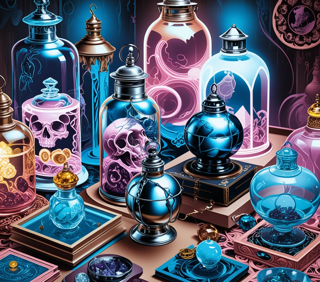 Cristaux de fantasy sur une table dans une boutique d’apothicaire magique