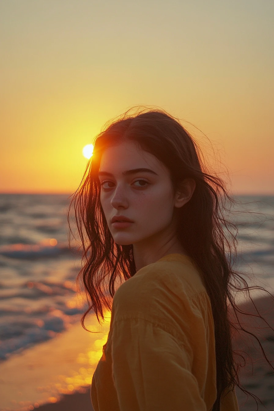 Jeune femme marchant seule sur une plage sereine au coucher du soleil