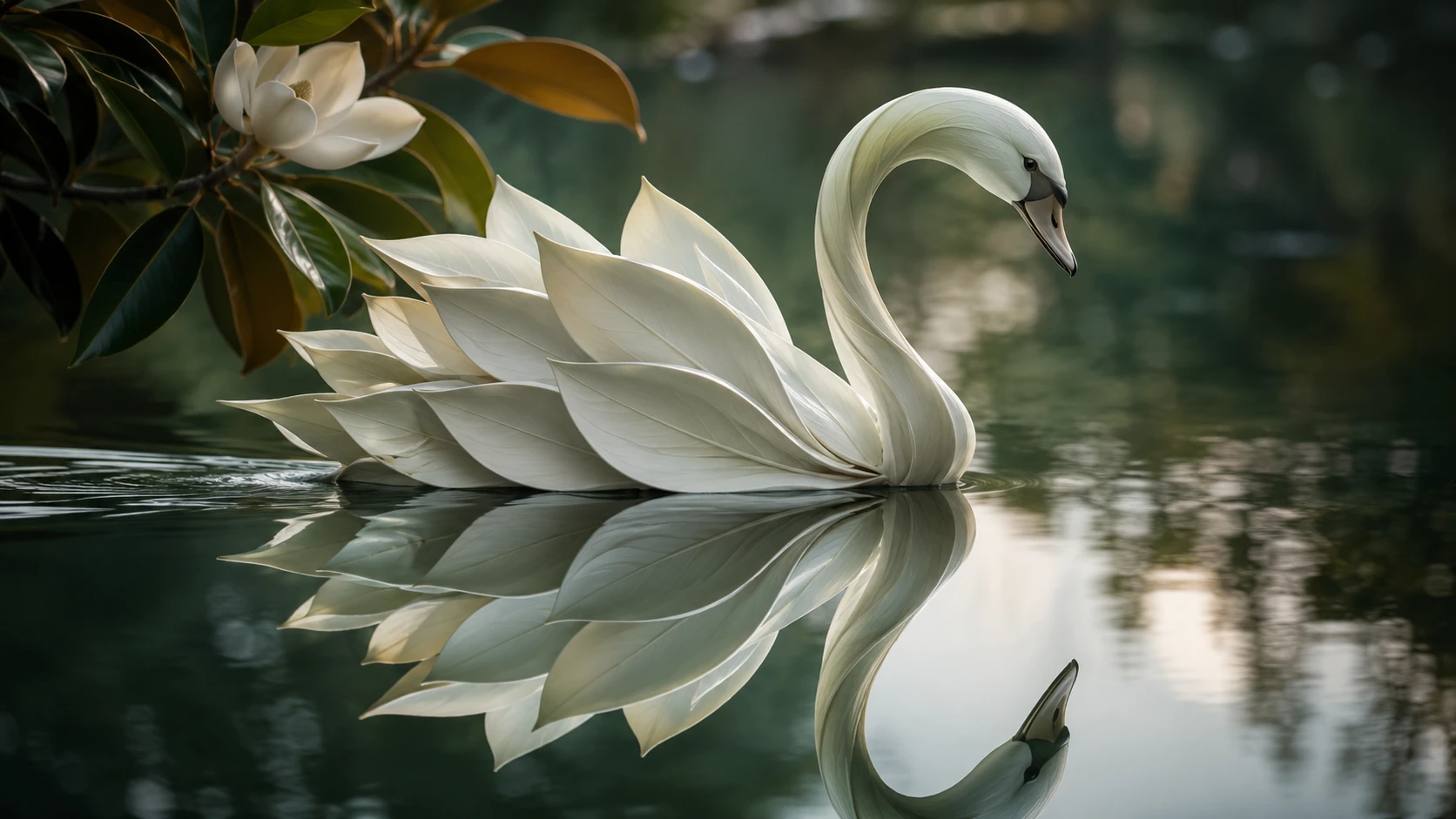 Silhouette de cygne formée par des feuilles blanches de magnolia sur l’eau