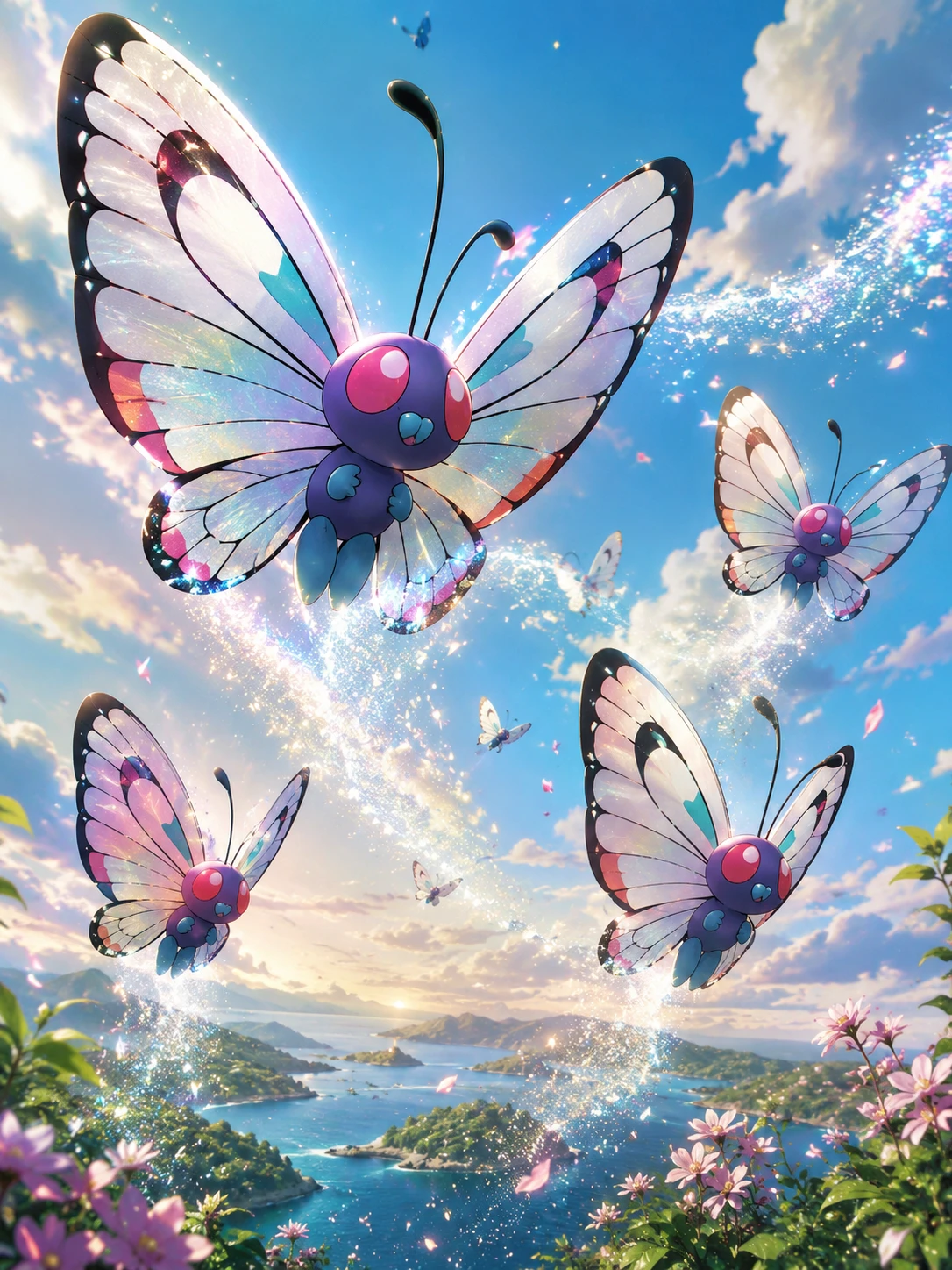 Pokémon papillon dérivant dans un ciel magique et lumineux