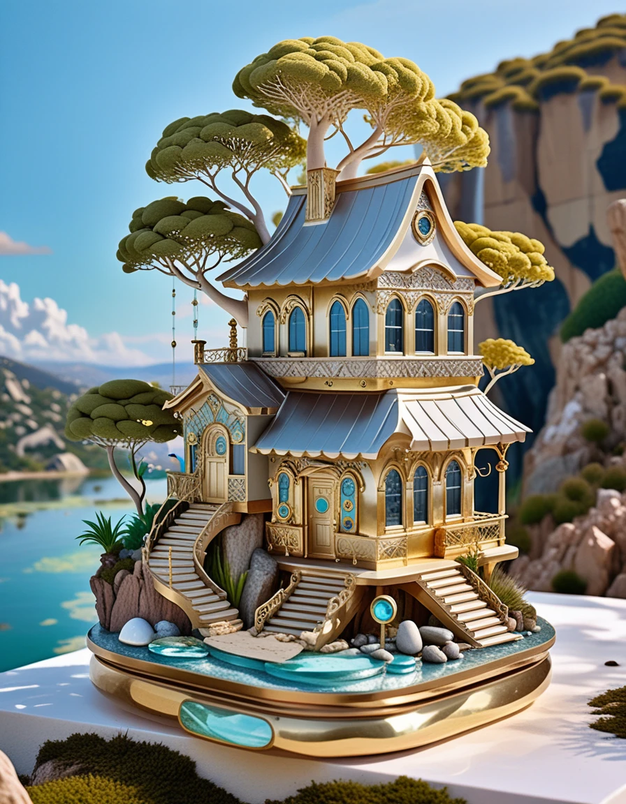 Diorama de casa de pedra em miniatura em uma ilha flutuante