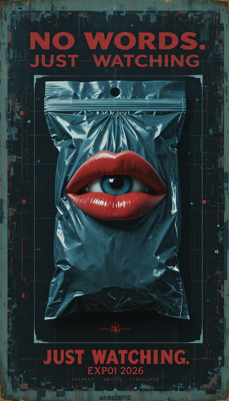 Affiche vintage surréaliste avec des lèvres rouges brillantes à la place d’un œil