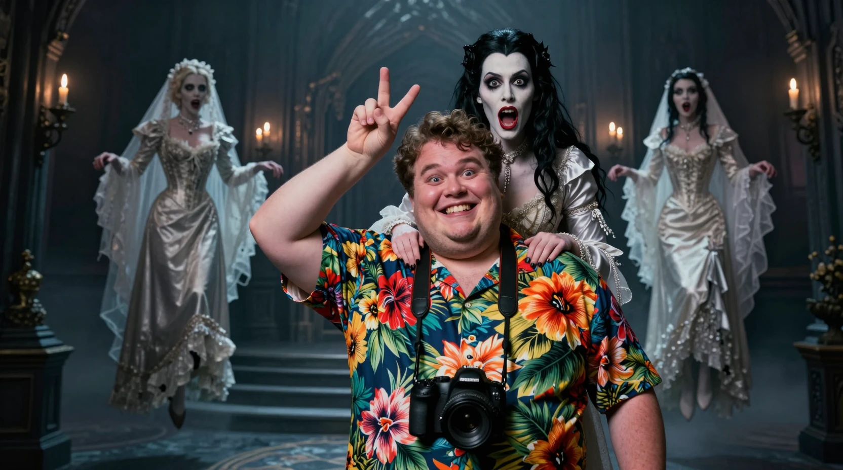 Turista posando con una novia vampira en el salón de un castillo gótico