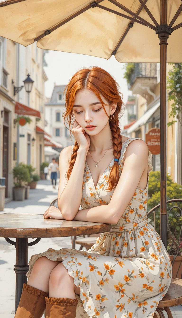 Ragazza dai capelli rossi pensierosa in un tranquillo caffè all’aperto