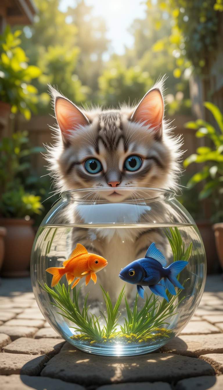 Gato curioso de olhos azuis observando peixes dourados em uma tigela de vidro