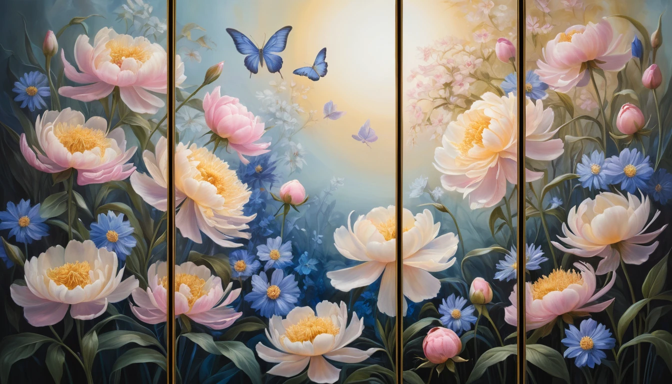 Tríptico etéreo de flores luminosas em luz dourada