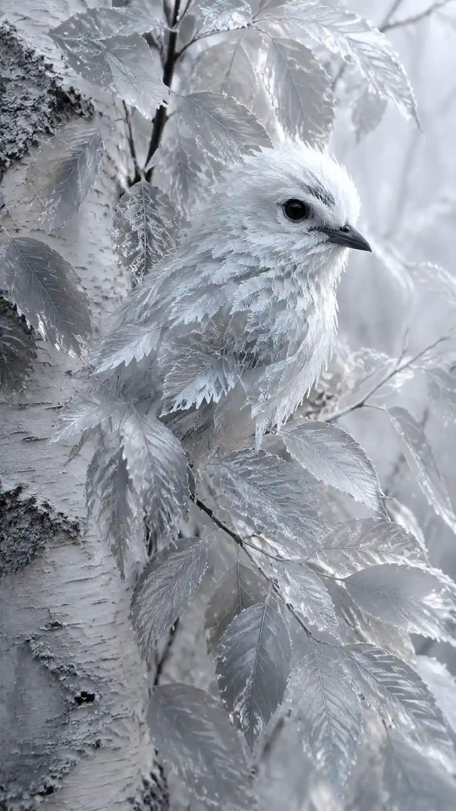 Uccello che emerge da foglie gelate in una silenziosa scena monocromatica