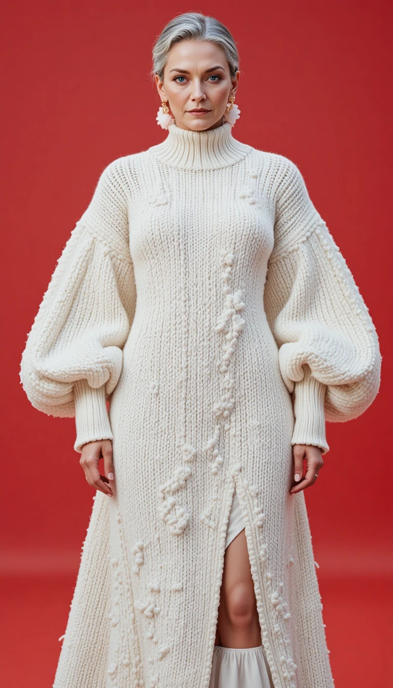Selbstbewusste ältere Frau in einem elfenbeinfarbenen Strickkleid
