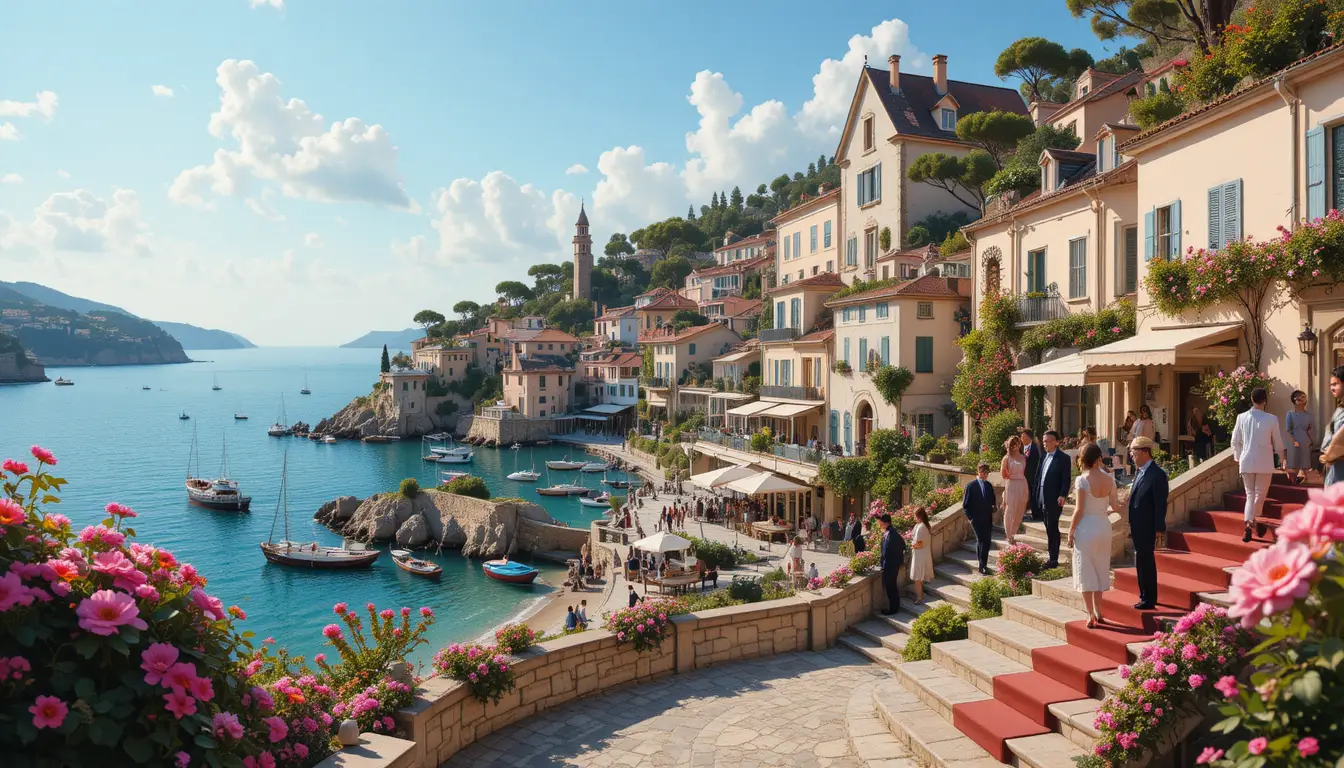 Village côtier estival féerique avec océan et fleurs