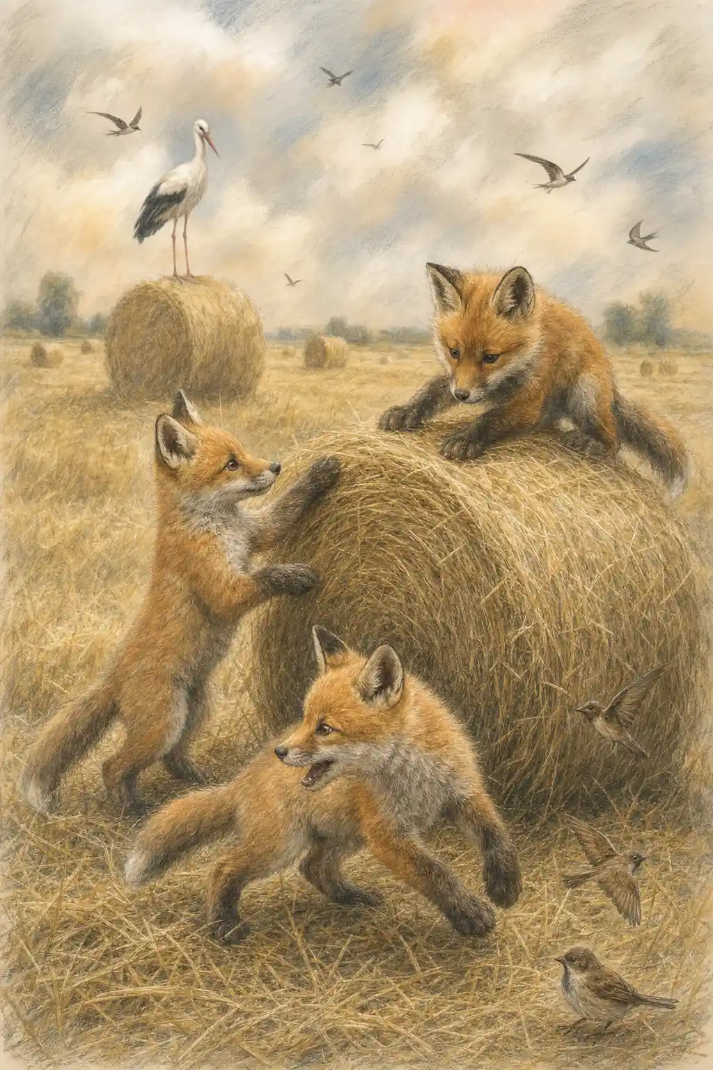 Close up foxes playing on hay bales in wheat field