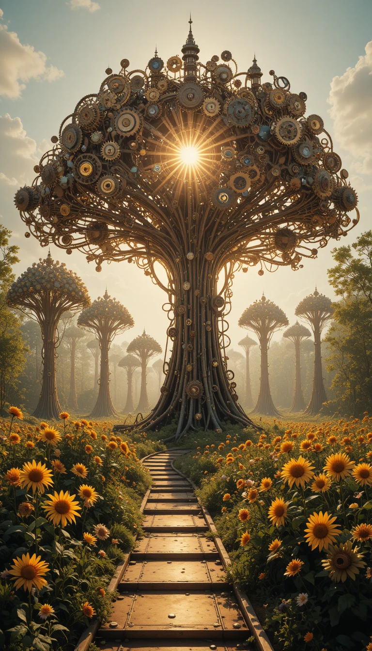 Bosque steampunk surreal de imponentes árboles mecánicos de engranajes