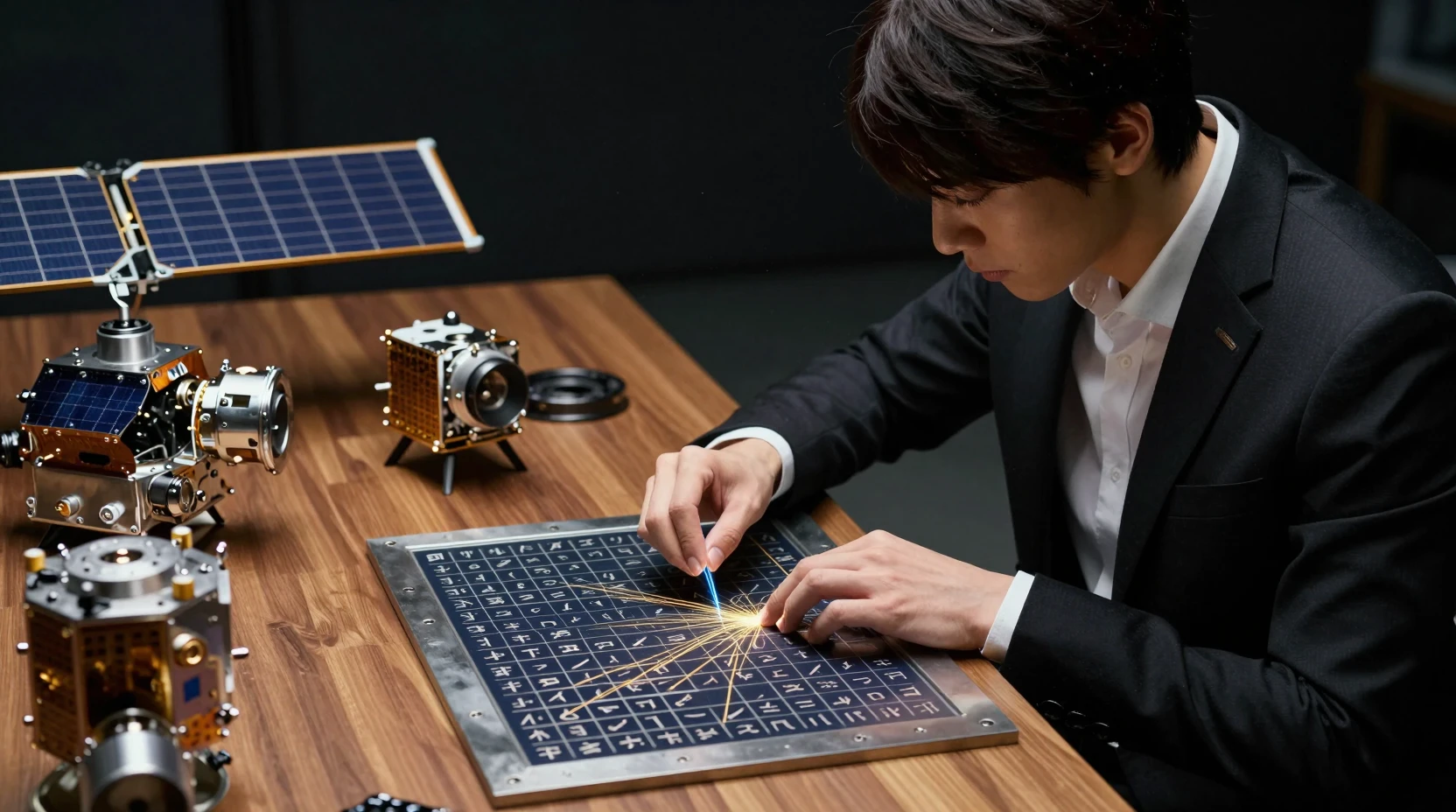Homem asiático gravando runas em um satélite de alta tecnologia