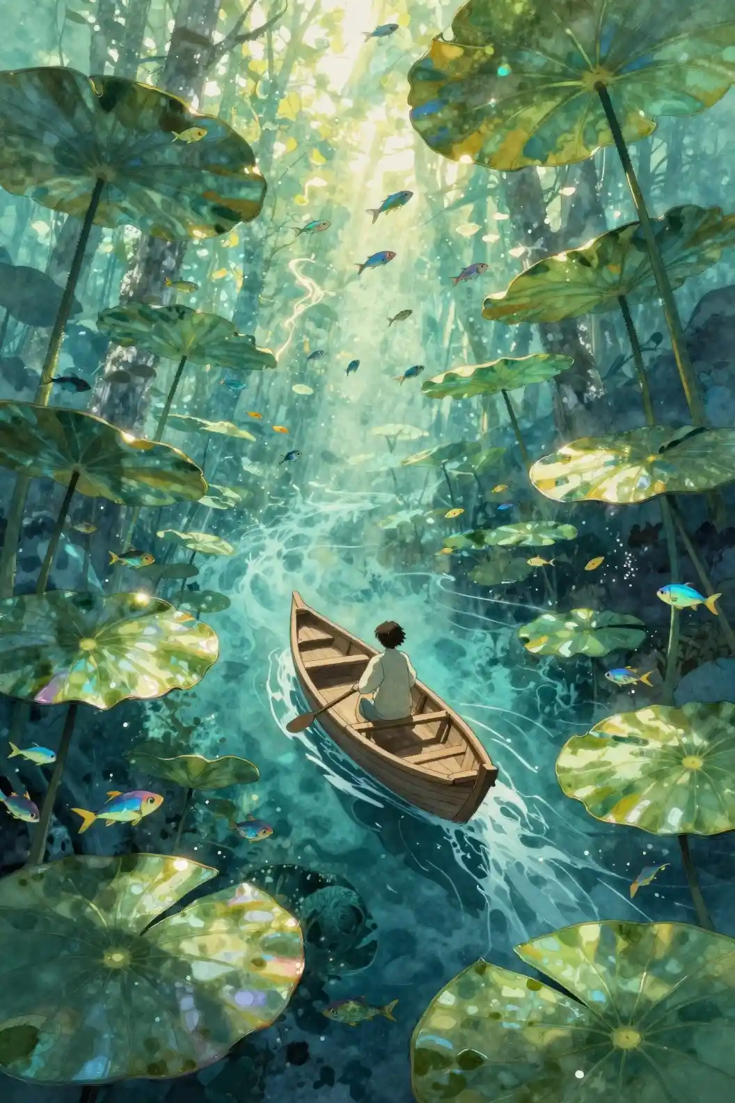 Explorer In A Boat Sailing Through Enchanted Underwater Forest