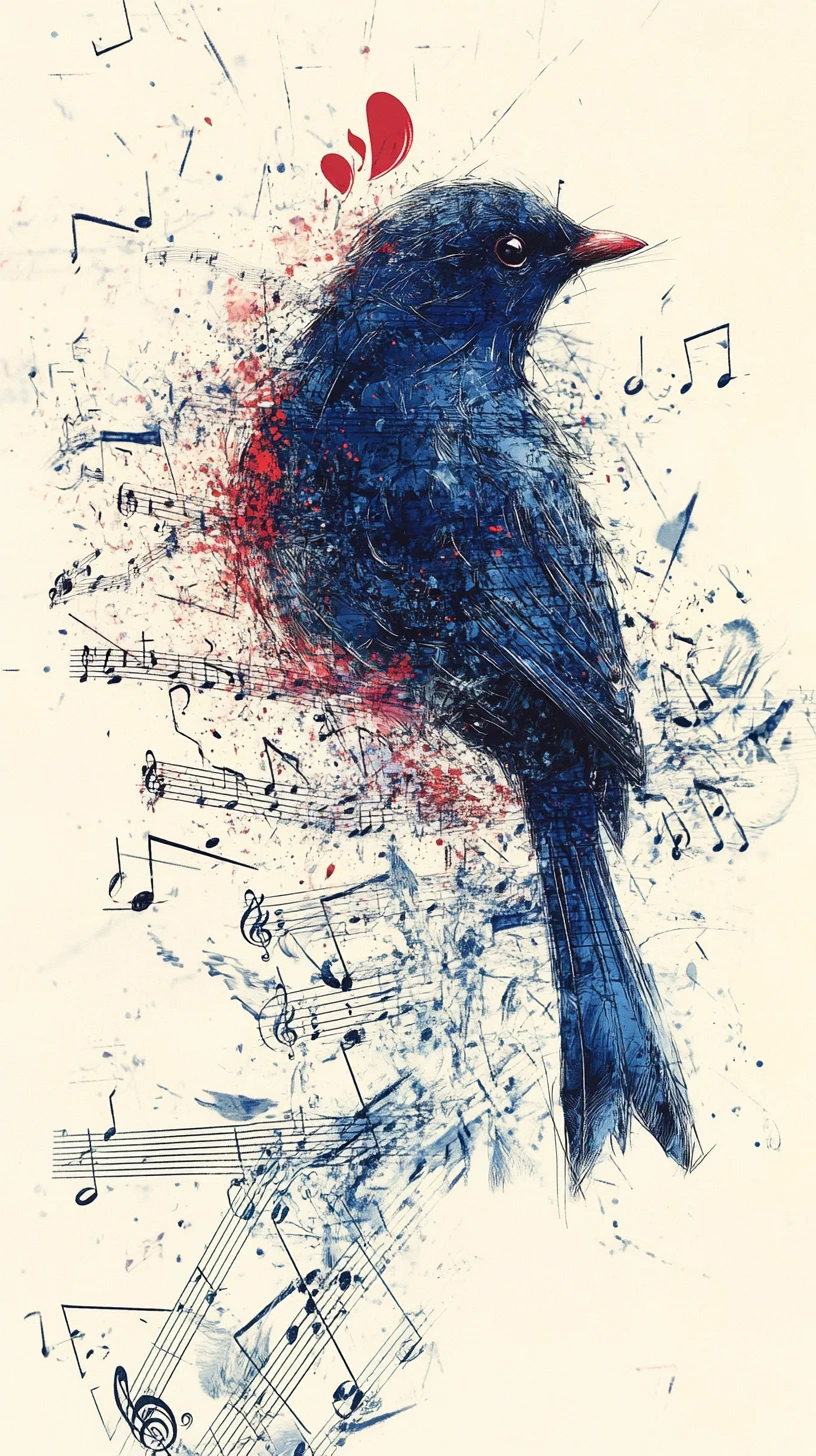Usignolo che si trasforma in fluttuanti spartiti orchestrali