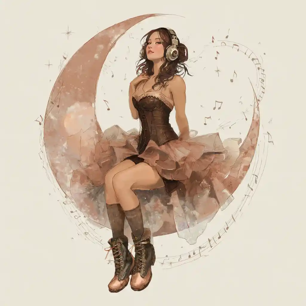 Steampunk woman resting on a crescent moon with music