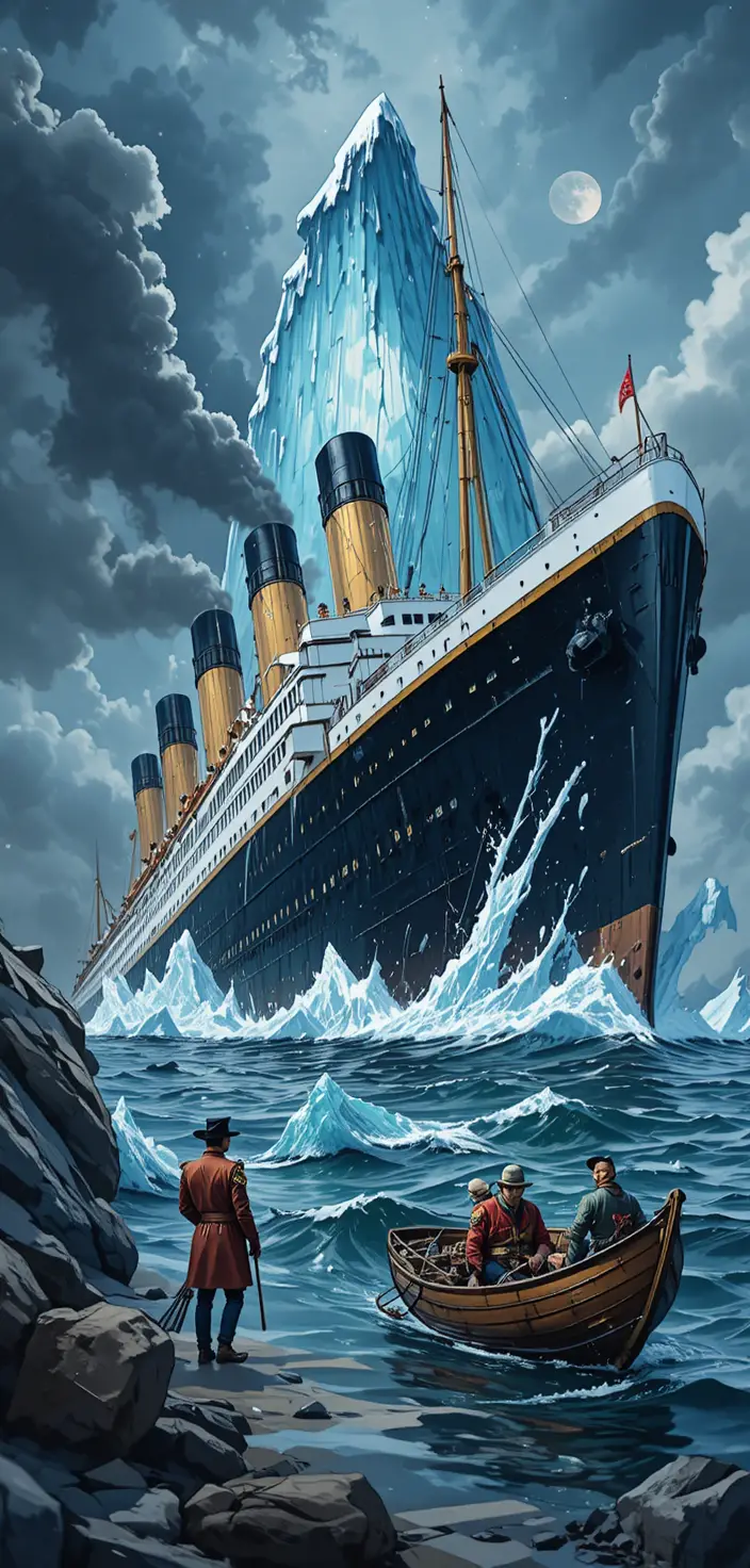 Titanic ocean liner approaching a massive dark iceberg
