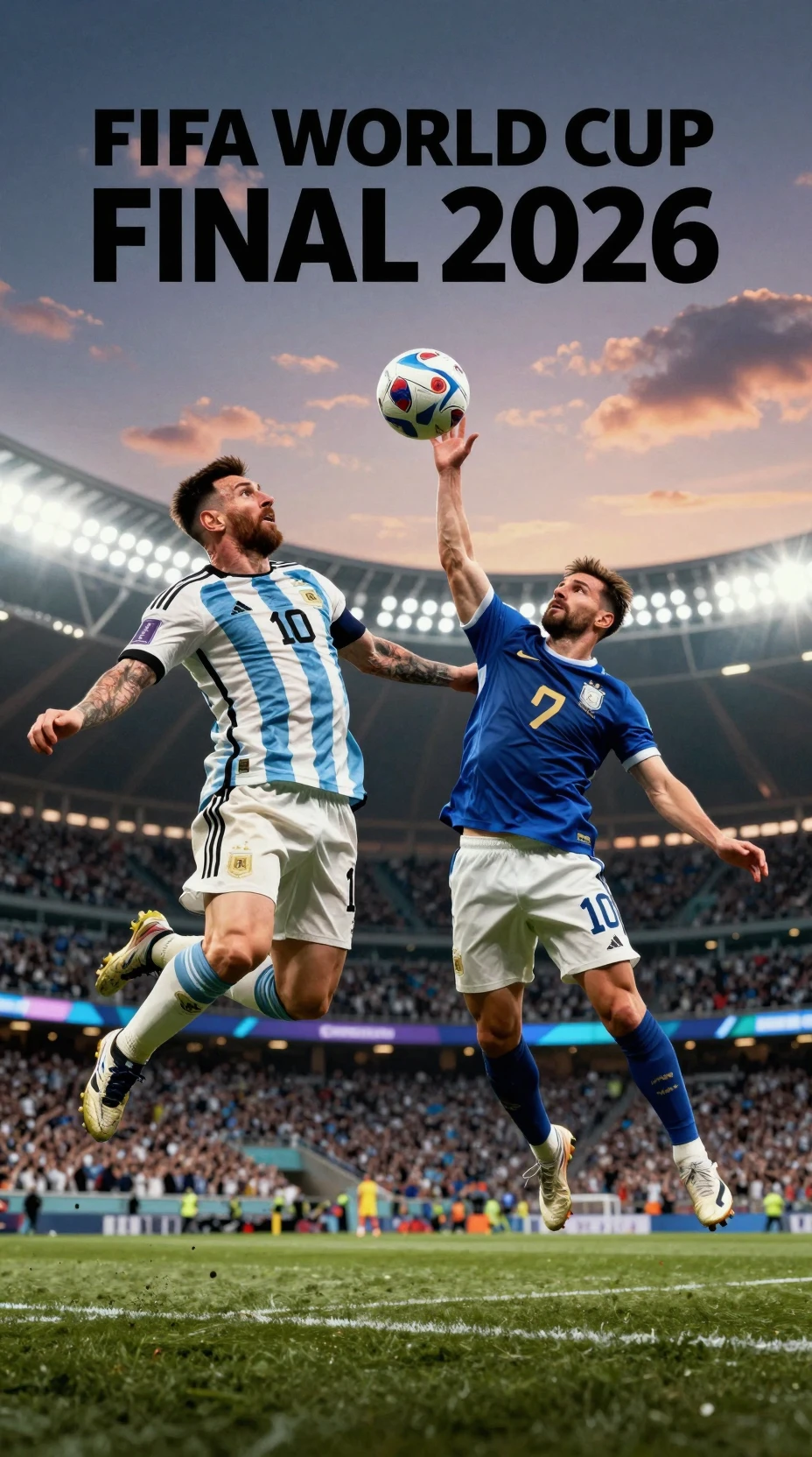 Dynamisches Fußballduell unter Stadionflutlicht in der Dämmerung