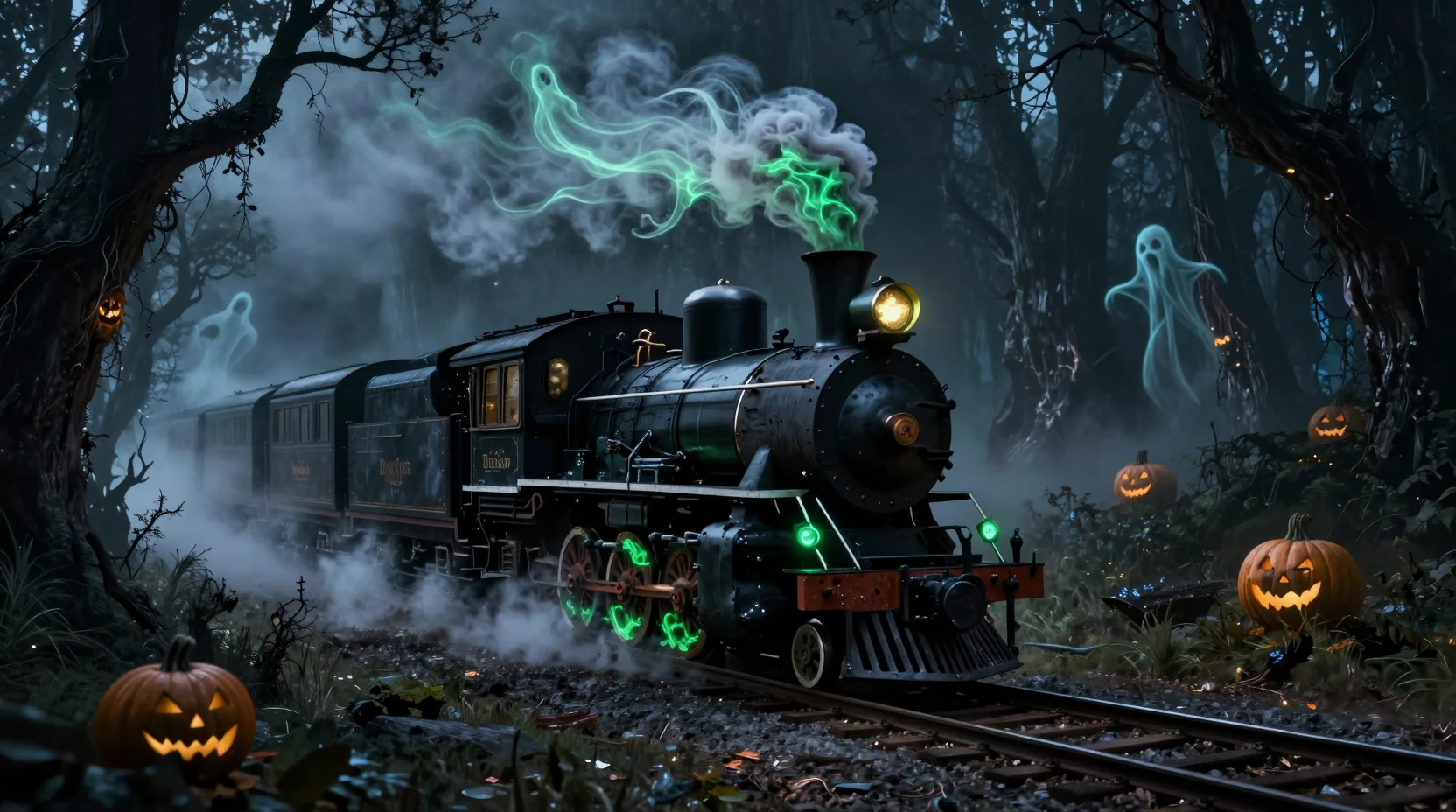 在迷霧魔法森林夜色中發光的鬼魂列車